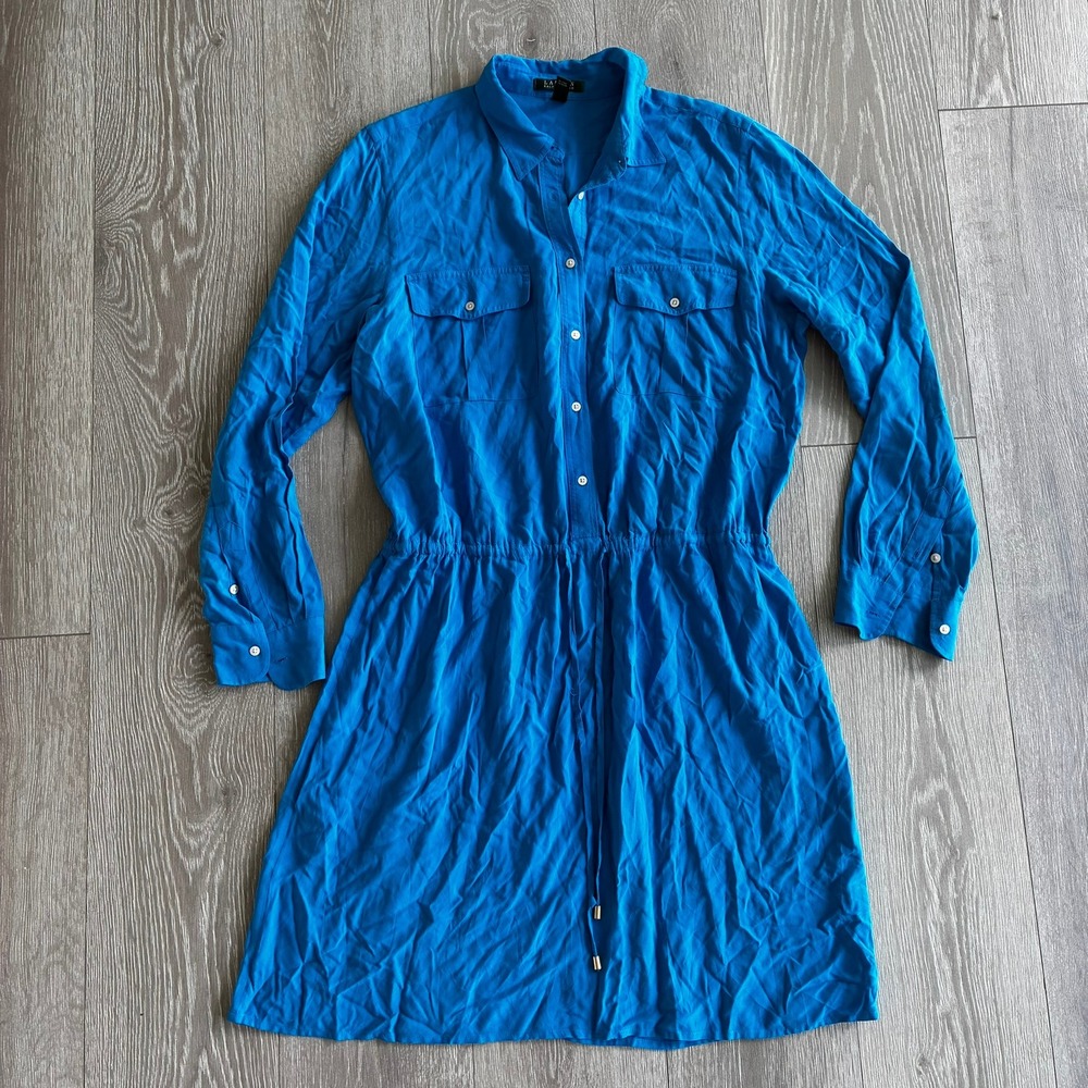 Lauren Ralph Lauren Blue Viscose Utility Shirtdress Drawstring Waist Size 16